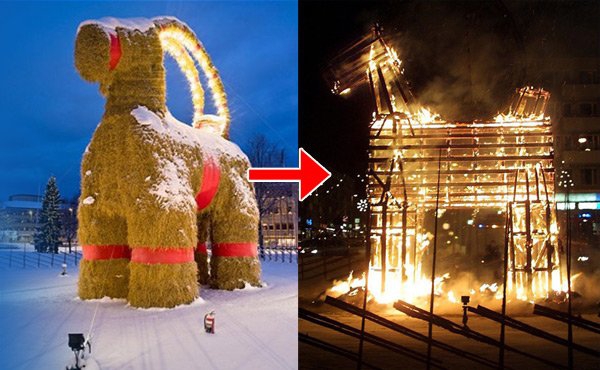 Шведский рождественский козёл в языках пламени 27-ой раз кража, преступление, пришествие, рождество