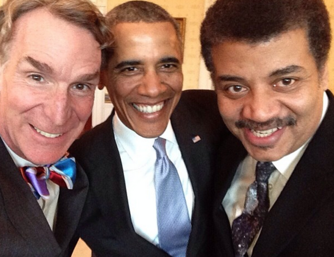 Барак Обама, Билл Най и Нил де Грасс Тайсон, 2014 звезды, люди, фото