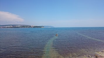 Фотографировала дельфинов, но их плохо видно. Двое, чуть левее центра фотографии.