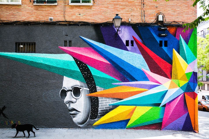 Vibrant Geometric Street Art by Okudart in Madrid