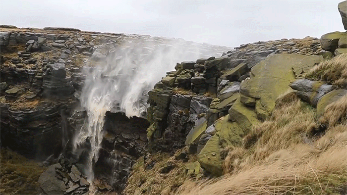 Extremely Strong Winds Cause a 80-Foot Waterfall to Blow Upwards