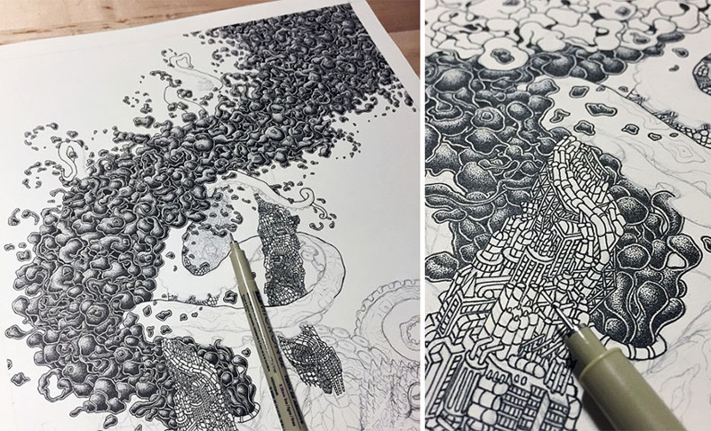 “I am inspired by many different artists like Escher, Haeckel, and street artists like Alexis Diaz and phlegm”