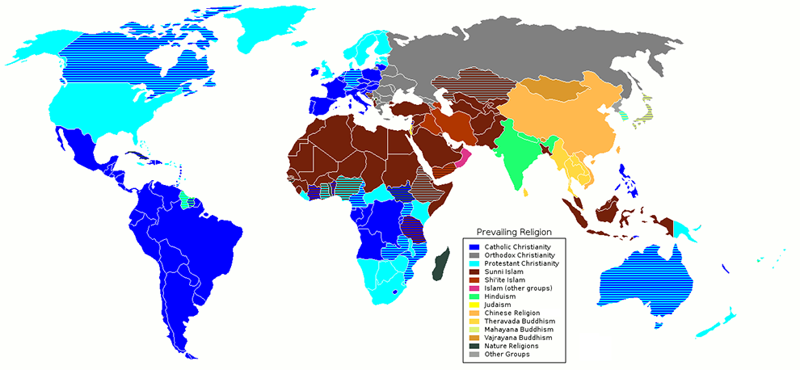 A map of the prevailing religions in countries around the world.