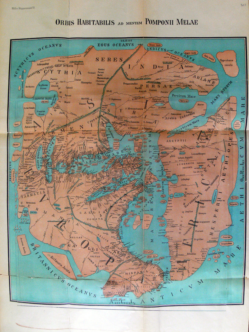 A map of the world in 43 AD: a reprint of one drawn by Pomponius Mela, a Roman scholar credited as the father of geography.