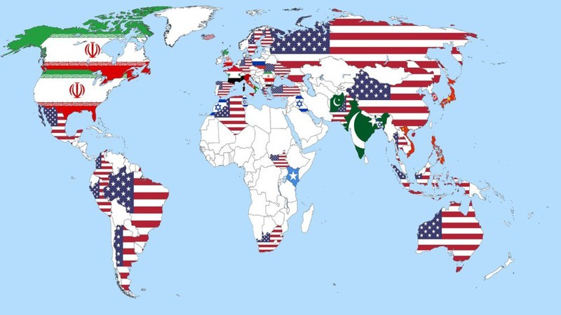 A map showing the results of a survey asking the world who they see as the biggest threat to world peace.