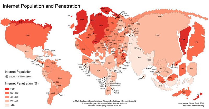 A map showing countries by number of internet users.