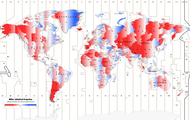 A map showing how the official time and the solar time differs around the world.