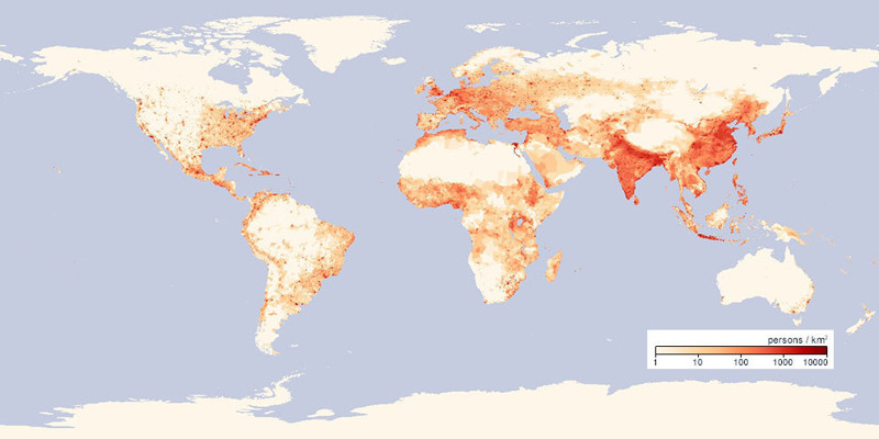  Relatedly, a map showing the population density around the world.