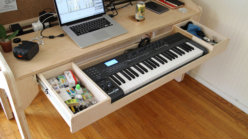 I also added a drawer for my synthesizer so I could play in between work