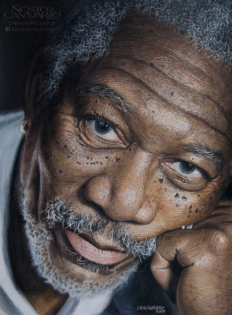 50-Hour High-Detail Drawing Of Morgan Freeman In Color Pencils