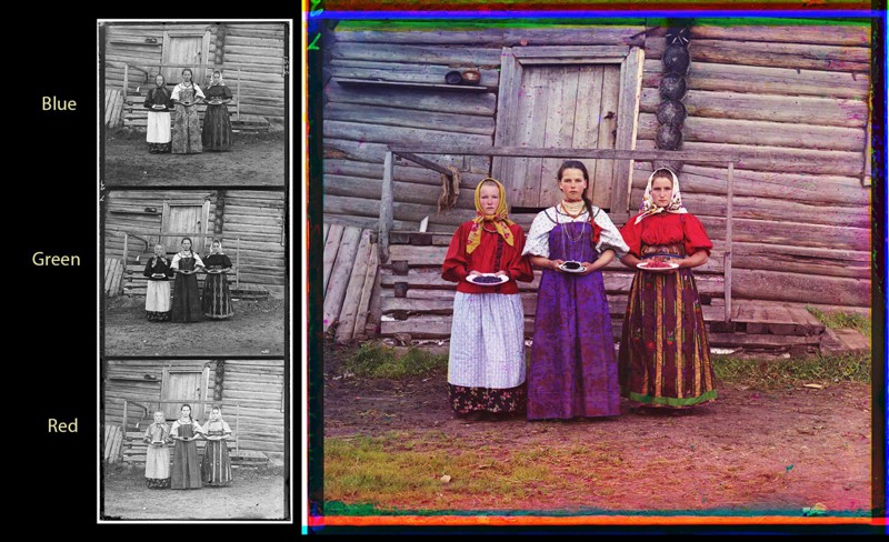 Three young women offer berries to visitors to their izba, a traditional wooden house, in a rural area along the Sheksna River, near the town of Kirillov. (1909)