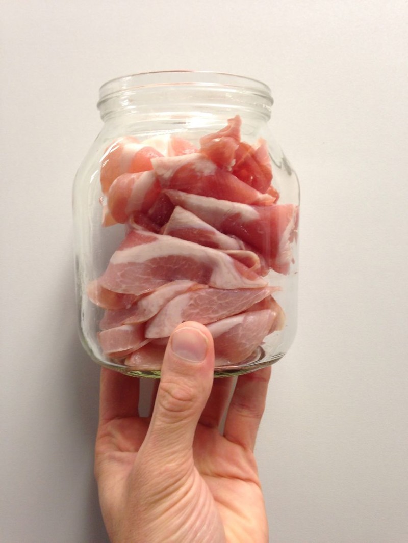 Firstly meat is put into a jar to be decellularized