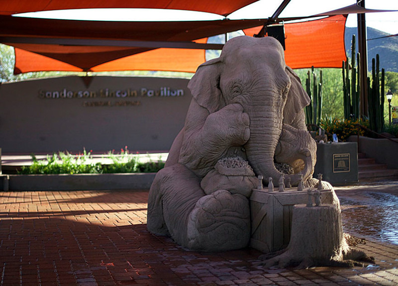 Stunning Sand Sculpture Of A Life-Size Elephant Playing Chess With A Mouse