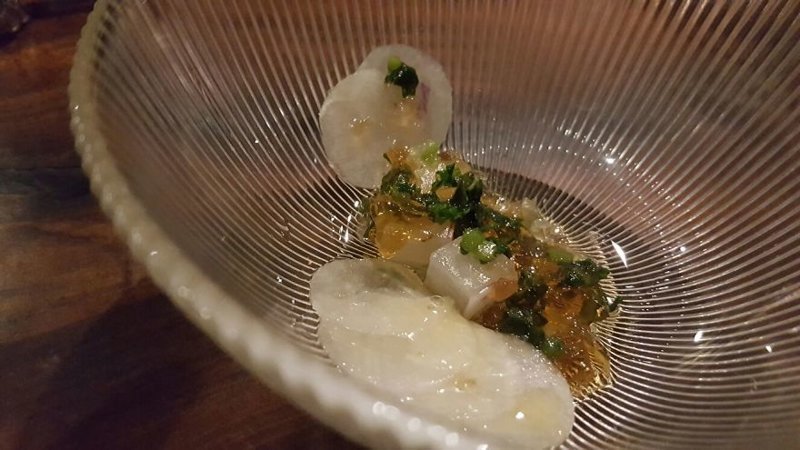 “Underneath there was a sort of radish jelly vinegar reduction, the radish tops and cubes of marinated radish. It was super fresh and tart and a really good transition from the richness of the previous course”