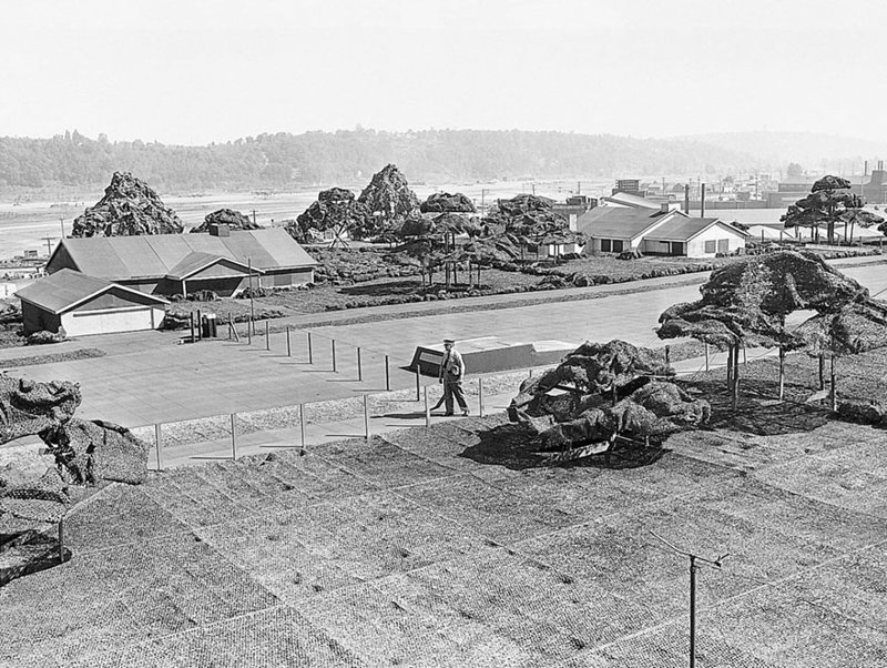 On the roof of Boeing Plant 2, camouflage trees and structures were shorter than a person