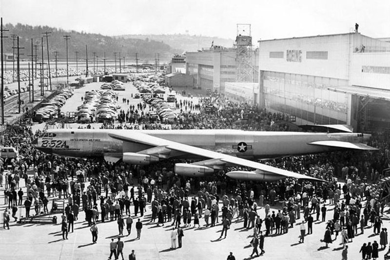 The first B-52A is rolled out at Boeing’s Seattle plant on March 18, 1954. In order to clear the hangar doorway, the plane’s 48-foot-high tail had to be folded down