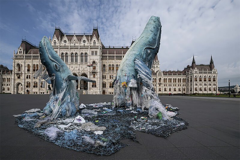 Greenpeace Protest Plastic Pollution With Lifesize Whales In Budapest