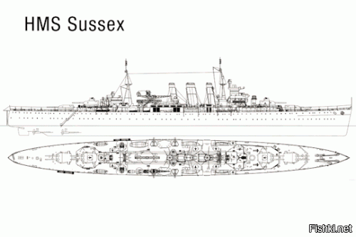 Борт английского тяжелого крейсера "Сассекс" (Sussex) типа "Лондон" после того, как в него врезался японский самолет. Как сказали бы танкисты "не пробил"