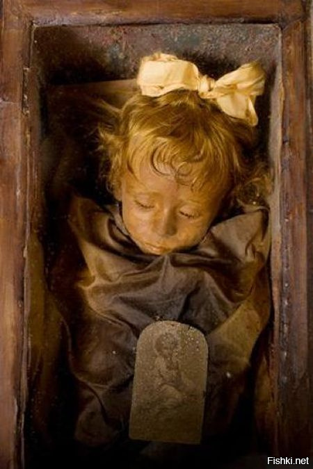 Та же тема есть про церковь, построенную капуцинами в Палермо, Сицилия. Там, среди более чем 2000 мумий, есть одна особенная. Розалии Ломбардо умерла от пневмонии в 1920 году. Ее убитый горем отец нанял бальзамировщика Альфредо Салафия, чтобы сохранить тело двухлетней малышки в первозданном виде. Мастер очень постарался и сделать так, что девочка просыпается каждый день, открывая глаза солнечному свету.

НО... ))
Дело все в том, что веки девочки никогда не были плотно сомкнуты, благодаря чему и создаётся иллюзия открывающихся и закрывающихся глаз в зависимости от угла падения солнечных лучей.

Однако надо конечно признать масткрство бальзамировщика, тело девочки выглядит абсолютно не тронутым временем...