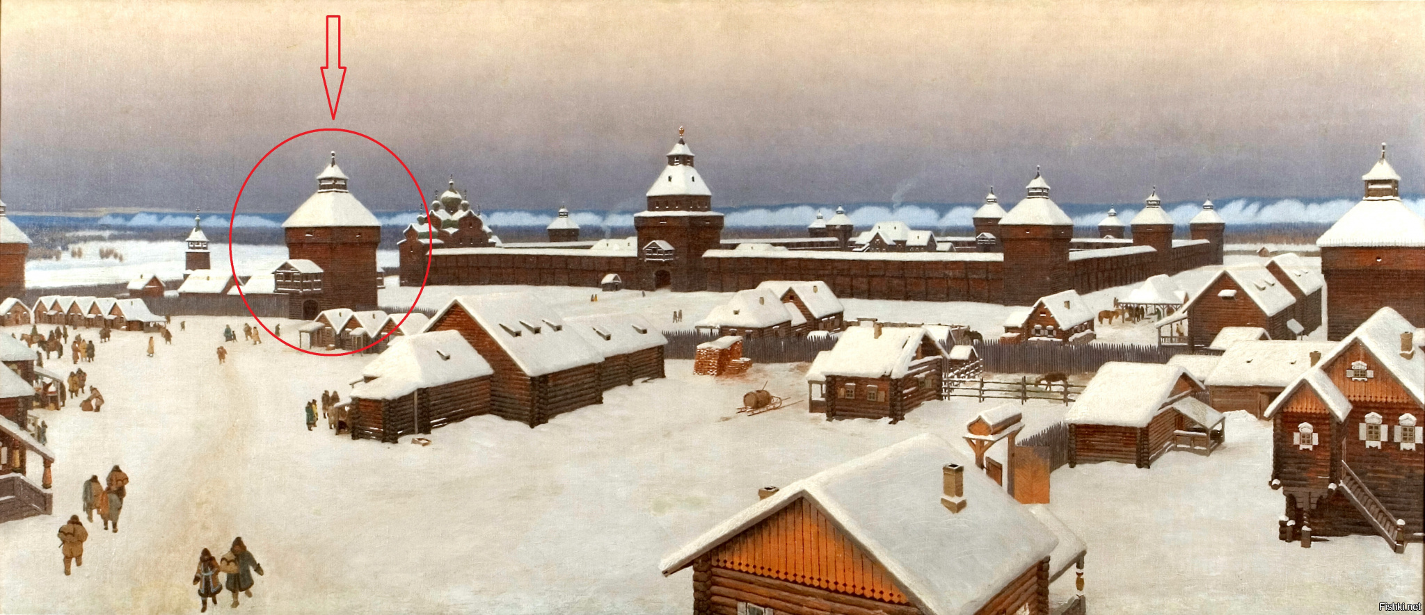 Якутский острог (сгоревший в 2002 году в результате детской шалости) считался старейшей деревянной крепостью на фото 2002 год и картина Ивана Попова "Якутск в конце XVII столетия "